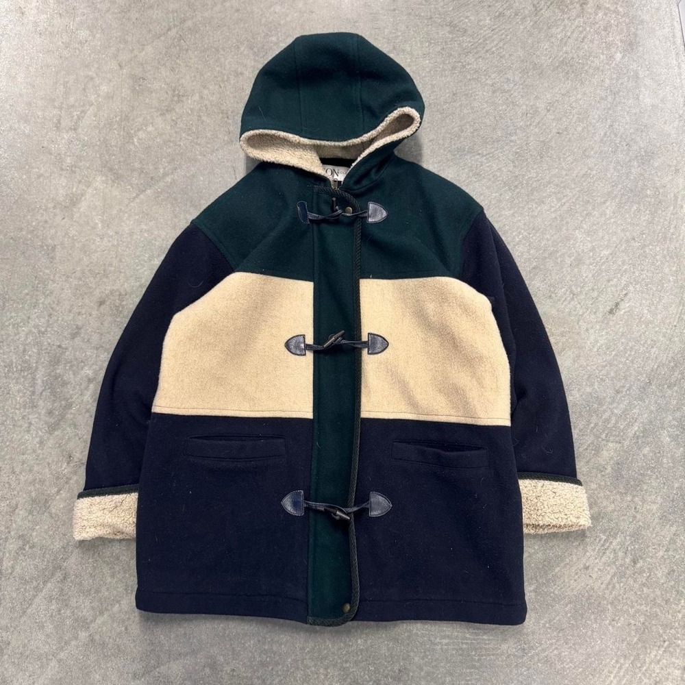 Vintage Wool Hooded Duffle Coat Sherpa Lined Women's Green Tan SZ 10